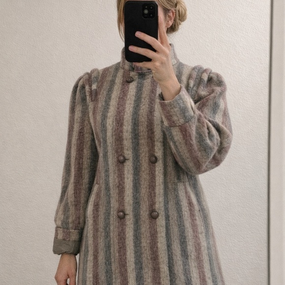 Vintage American Boiled Wool Double Breasted Striped Coat | Academia Style - Picture 3 of 15